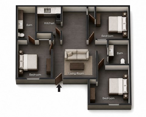 Floor plan for 3 beds, 2 baths, 867 sqft